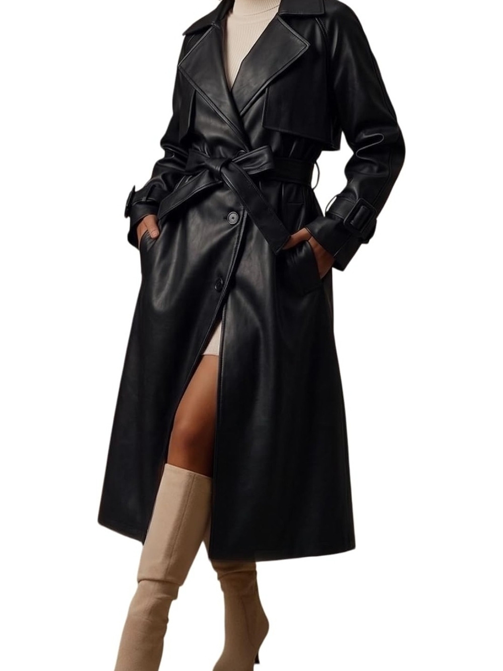 NWT Classic Black Faux Leather Trench Coat - Women's XL